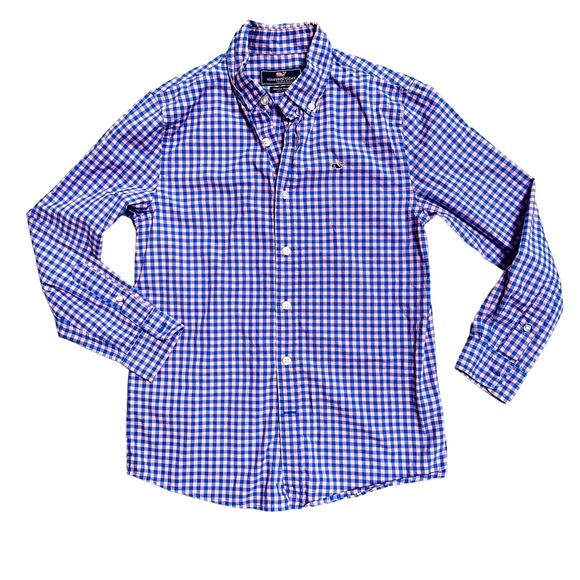 Vineyard Vines Boys' Classic Fit Check Poplin Shirt Pink Blue Medium 12-14 - Picture 1 of 4